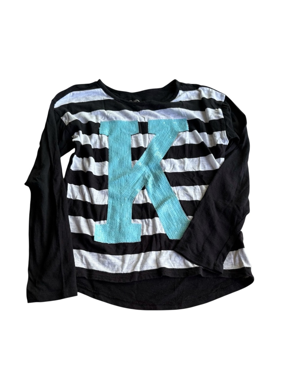 Justice girls 12/14 sequin monogram K long sleeve stripe shirt